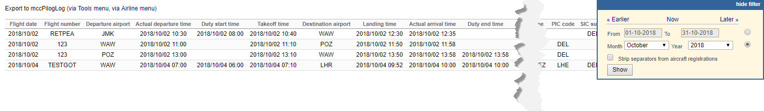 Export to mccPilotlog