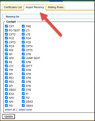 Airport Recency tab