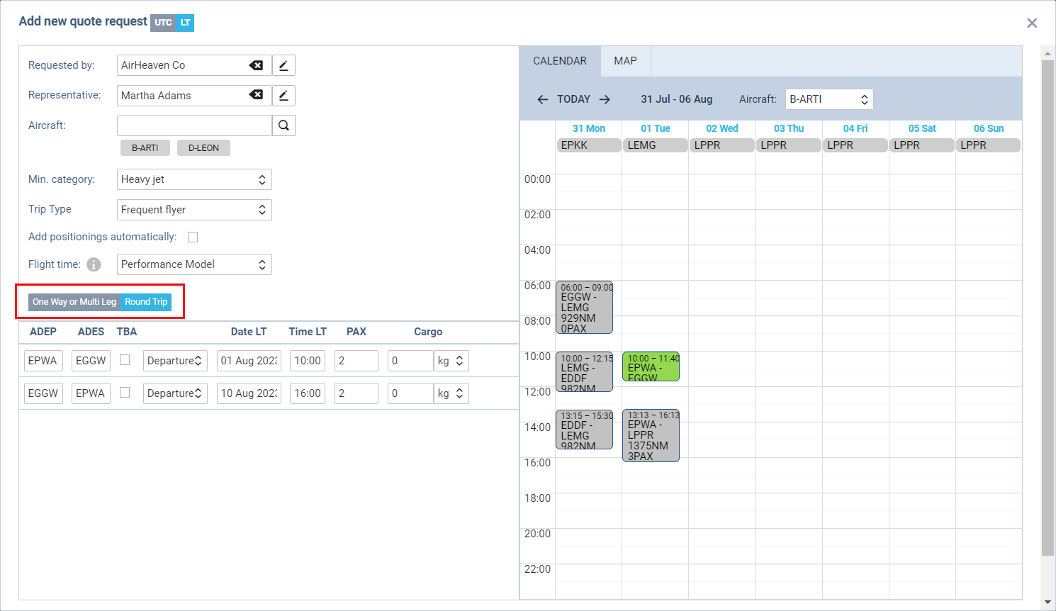 'One Way or Multi Leg' and 'Round Trip' options in 'New Quote'