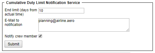 Cummulative Duty Notification - Setup screen
