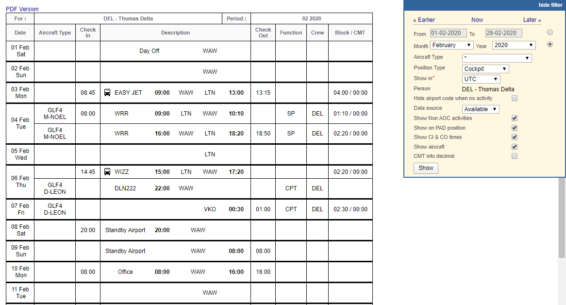My Schedule - a spreadsheet with all crew flights, positionings and roster duties