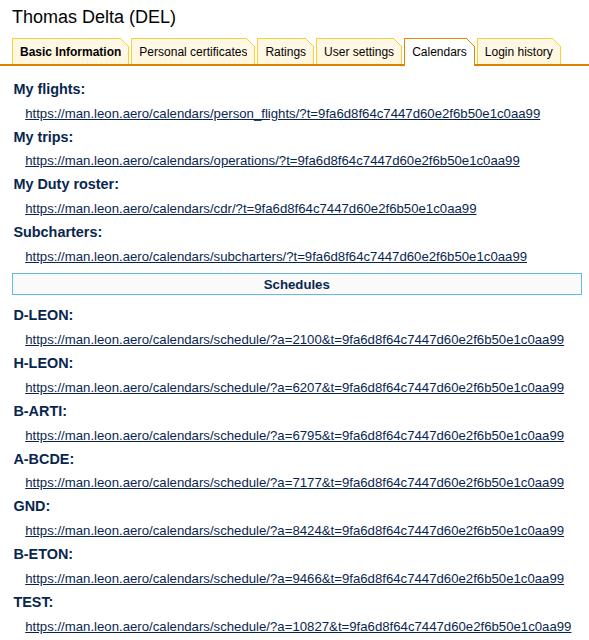 User Calendars tab