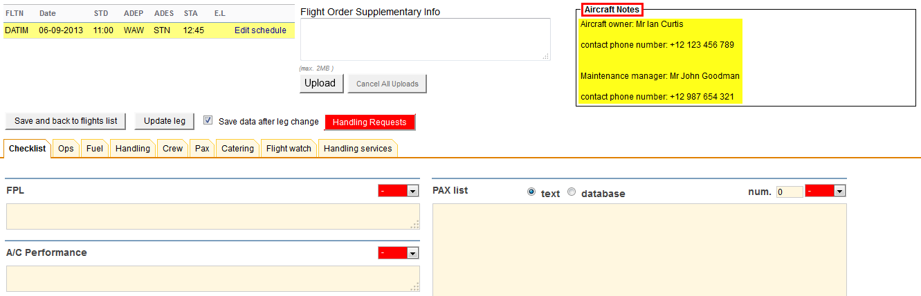 Aircraft notes in 'Legs Info' imported from 'Fleet Edit' page