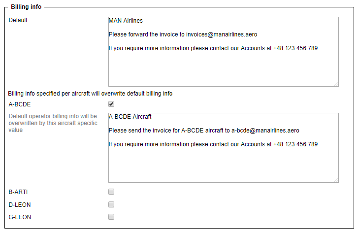 'Billing info' tab view