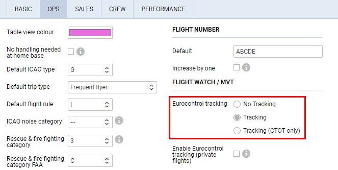 'Eurocontrol tracking' settings