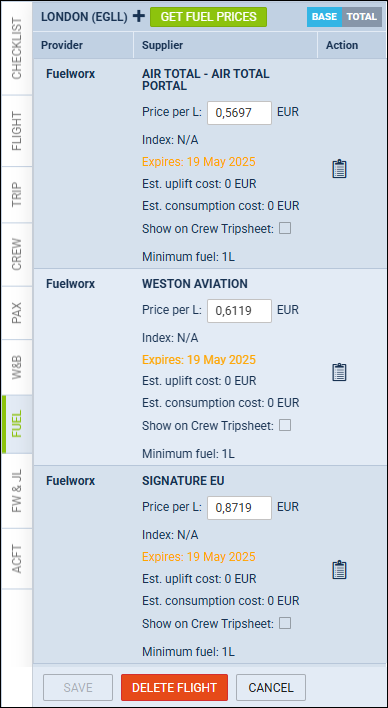 Downloaded fuel prices in OPS
