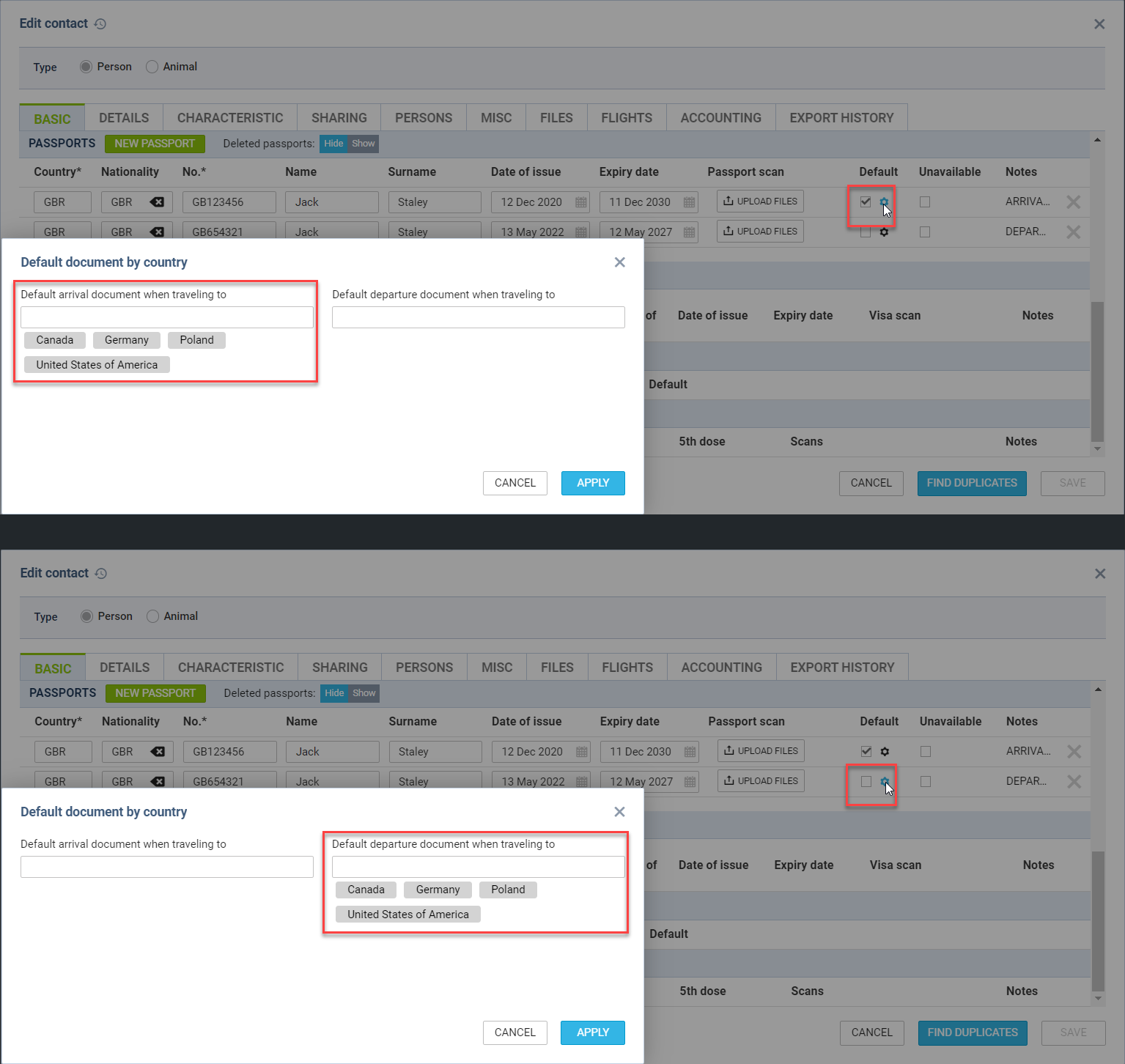 Assigning countries to default travel documents