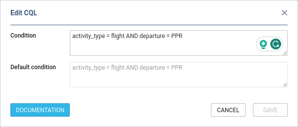 CQL condition edit pop-up window