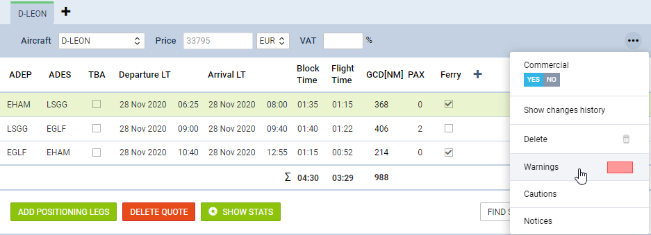 Itinerary filtering options
