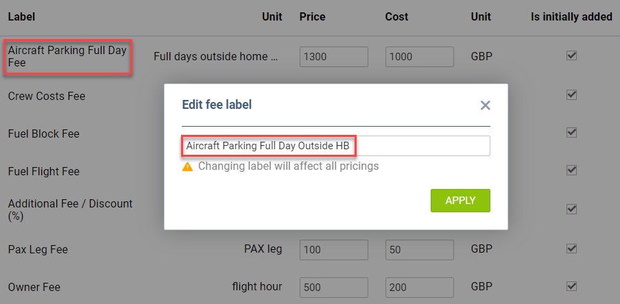 'Edit fee label' pop-up window