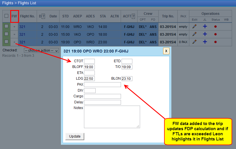 Flight Watch data updating FTL in Leon