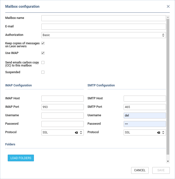 Basic authorization mailbox configuration window