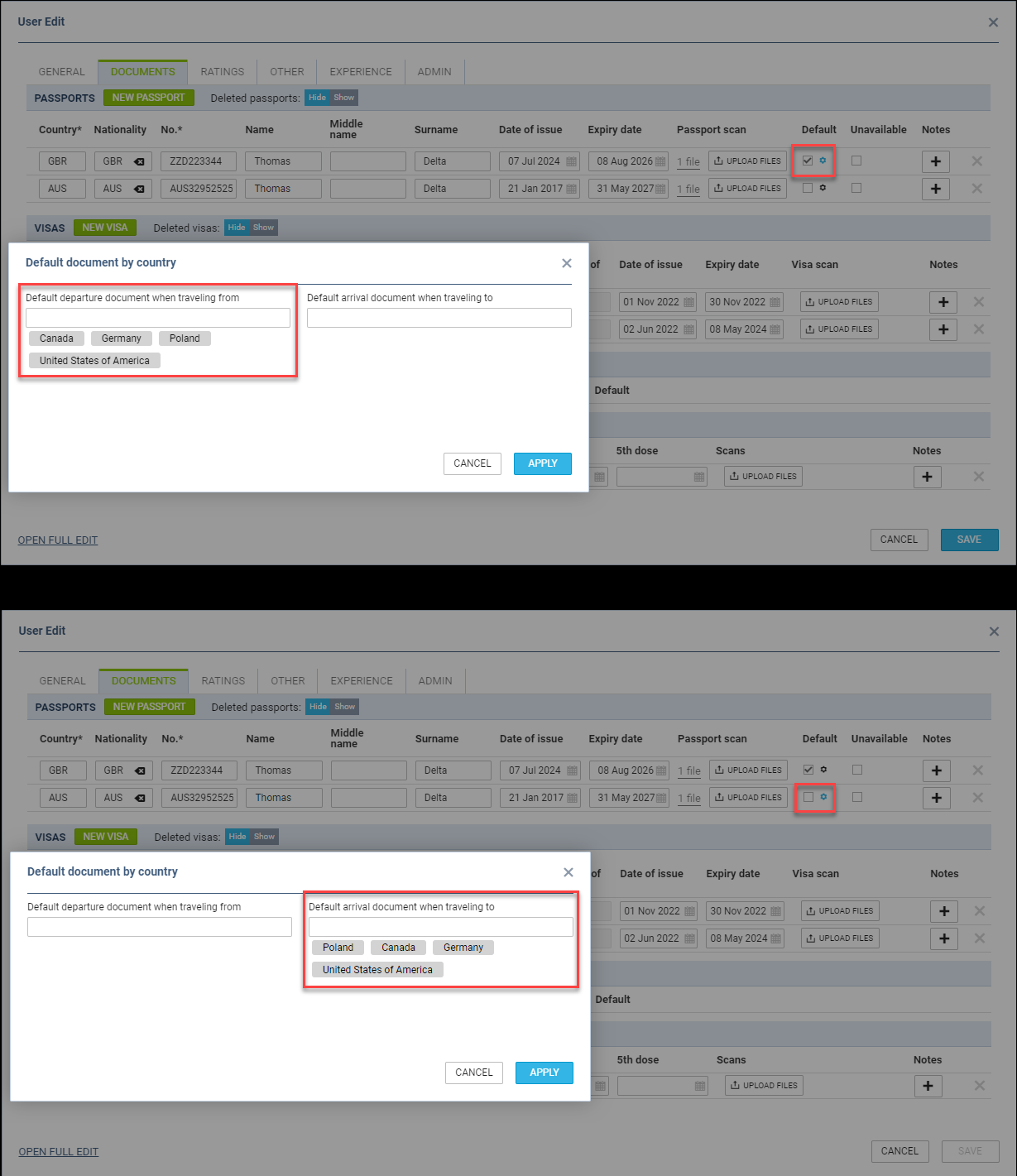 Assigning countries to default travel documents
