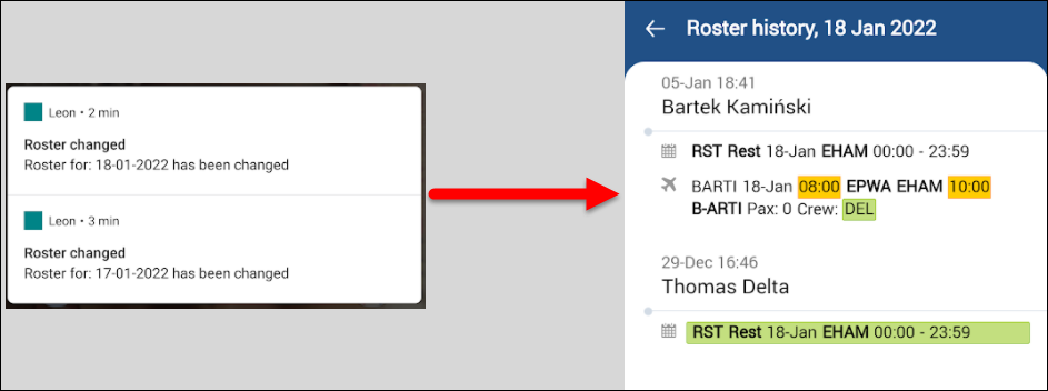 Mobile device push notification and roster history