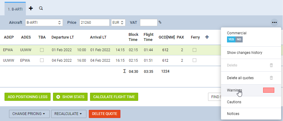 Itinerary filtering options