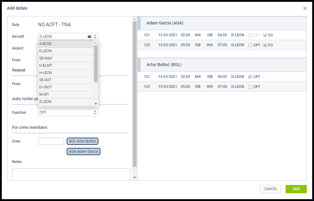 Aircraft duty page