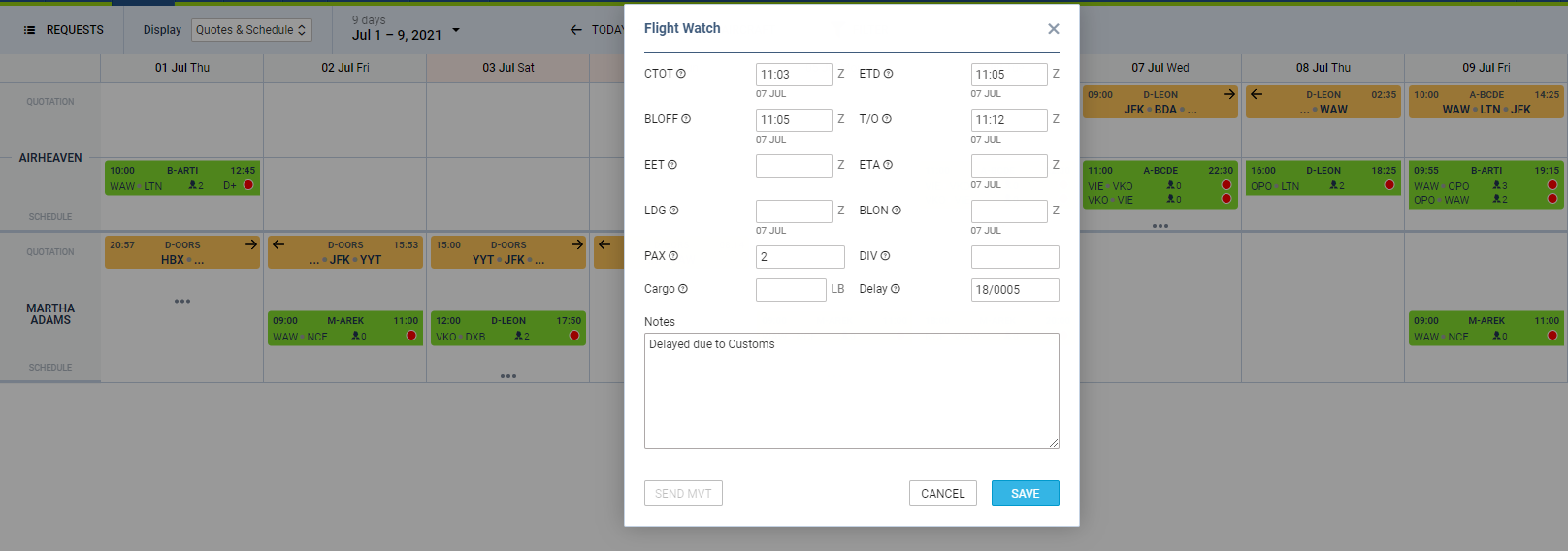 'Flight Watch' window in 'Bookings'