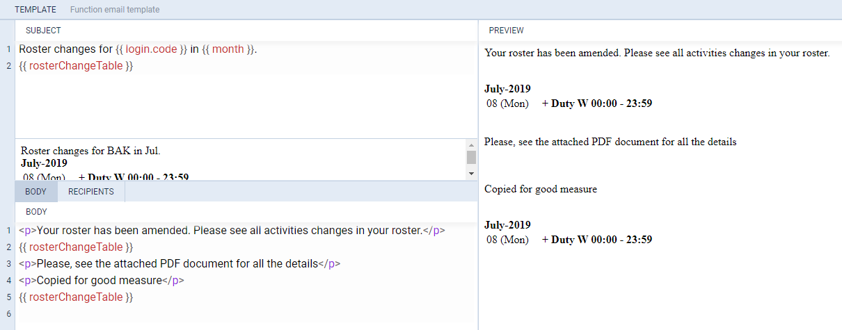 Settings up an email template for roster changes