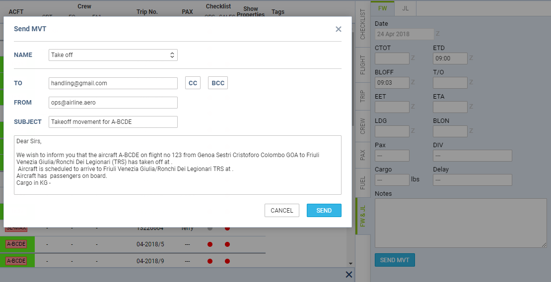 Manual sending of MVT messages