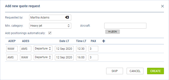 New request pop-up window