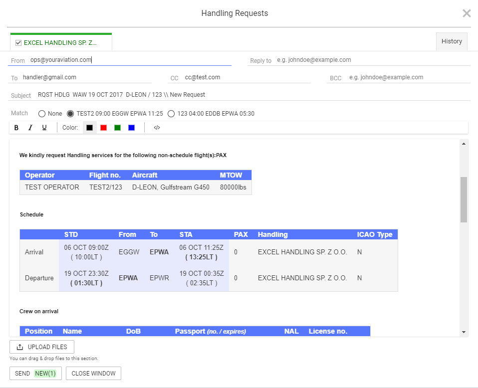 Handling Requests form - an option of connecting another flight