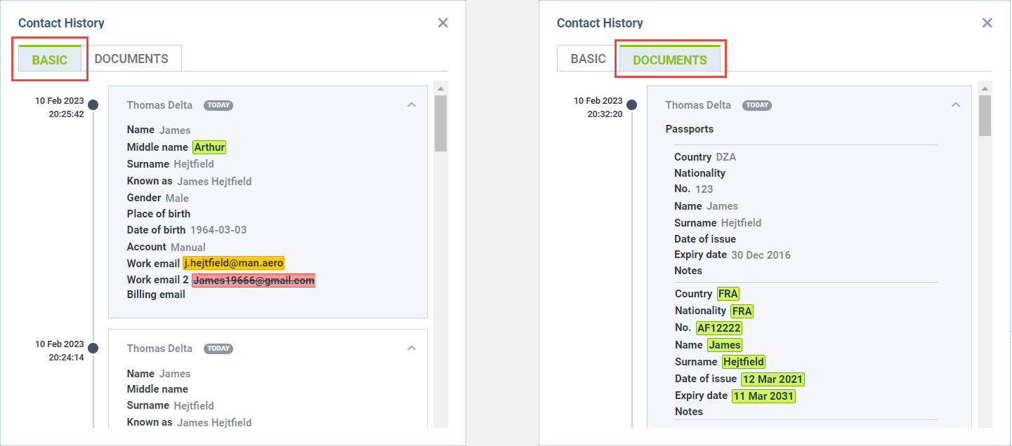Contact changes history window