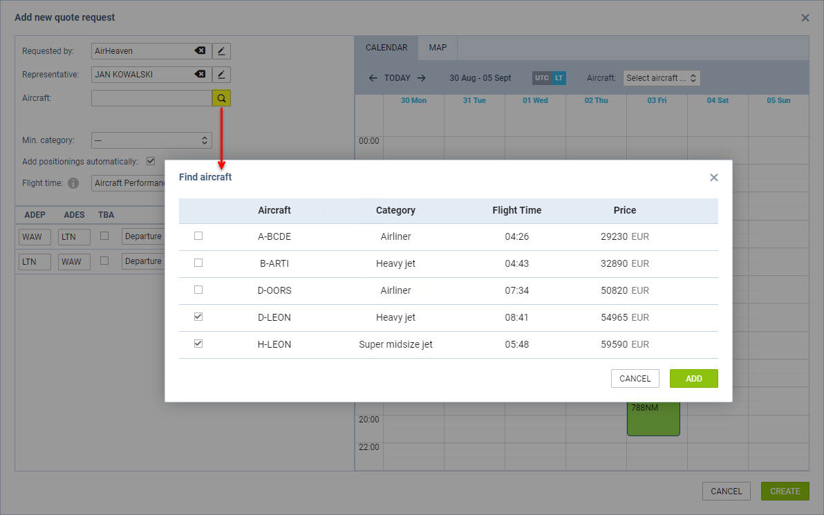 'Find aircraft' functionality