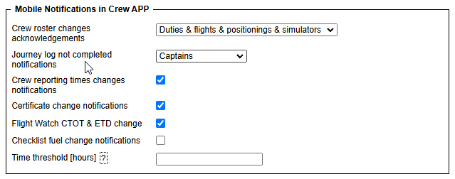 'Mobile Notifications in Crew APP' settings