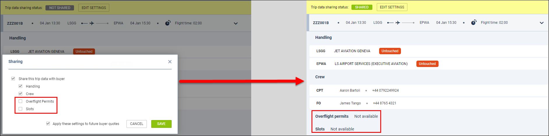 'Sharing' settings in the 'OPS&CREW' tab