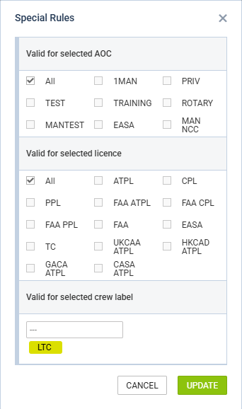 Crew Currency Special Rules configuration