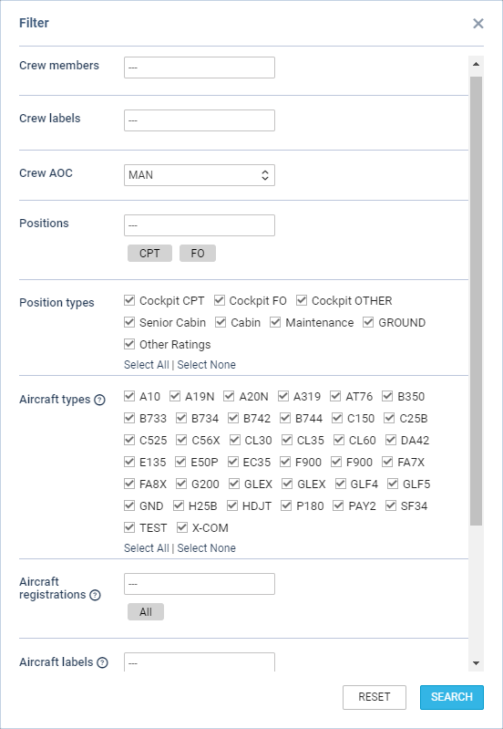 Crew Calendar filter