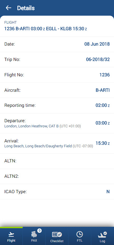 Flight details in Leon mobile application