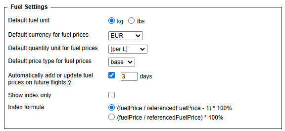 'Fuel Settings' subsection