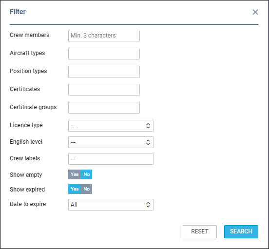 QUALIFICATIONS - the filter options