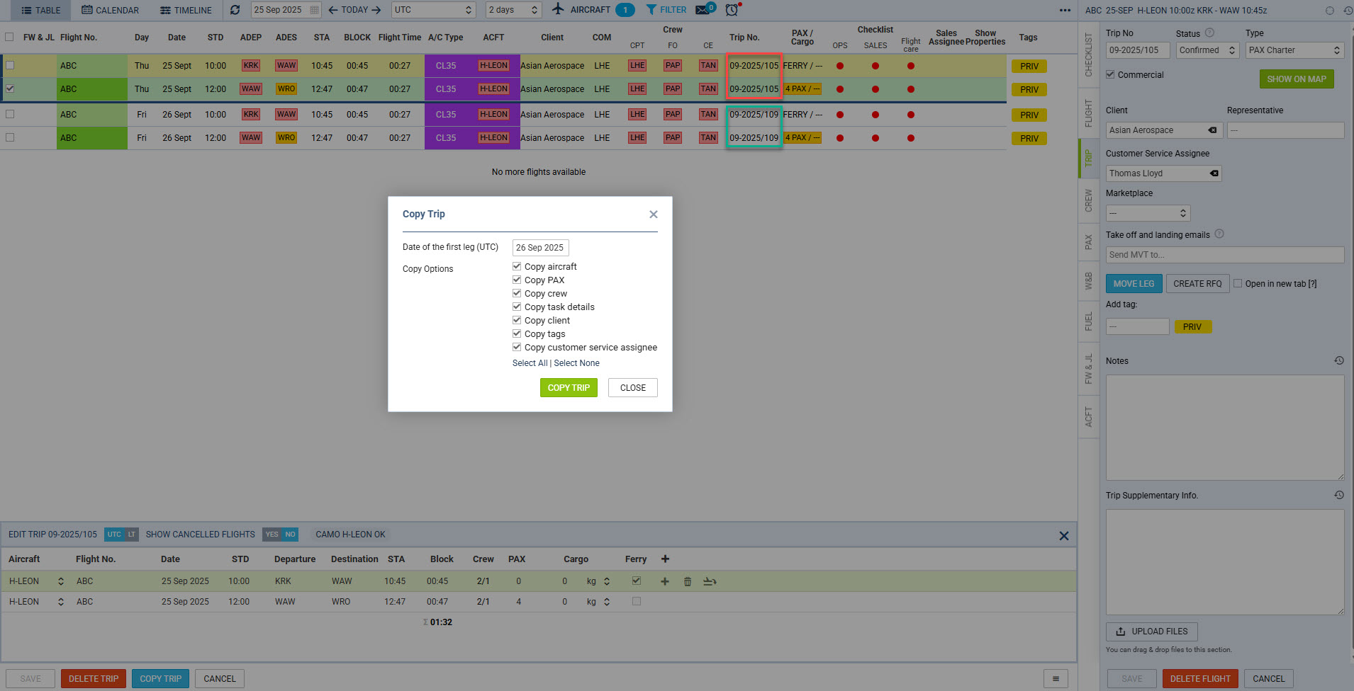 Copy trip is an option available within the Edit Trip window