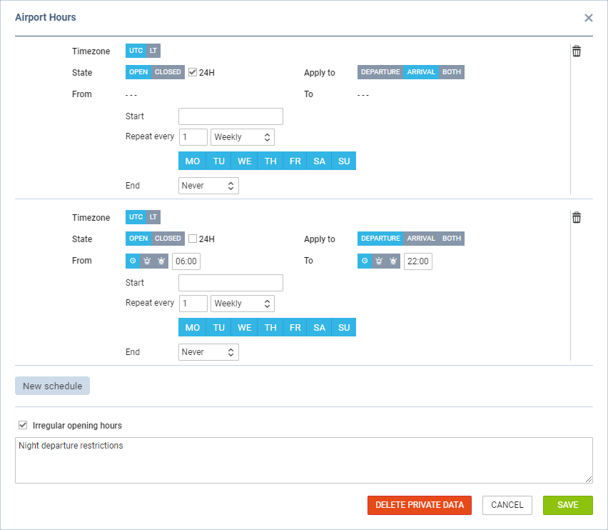 New 'Airport Opening Hours' interface