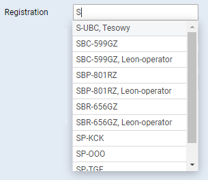 Subcharter aircraft search dropdown