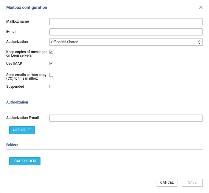 Office 365 Shared mailbox configuration window