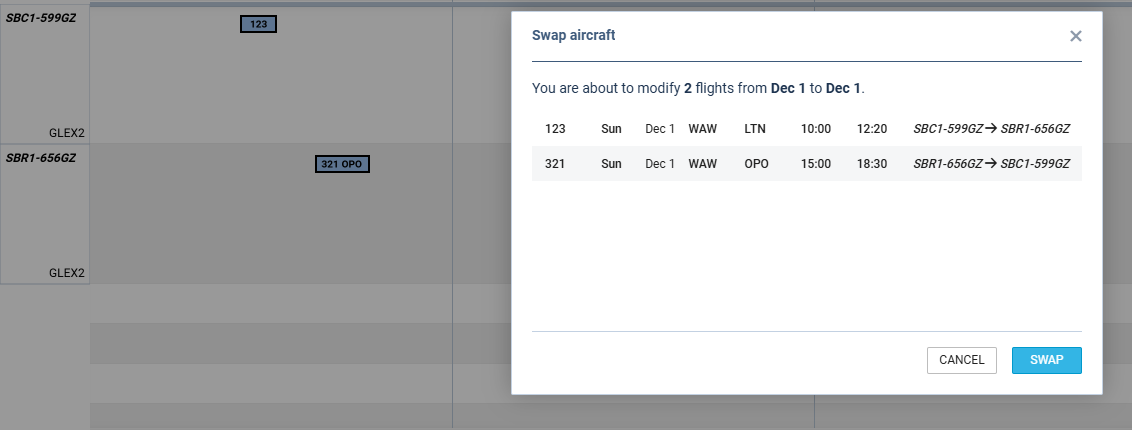 'SWAP AIRCRAFT' functionality