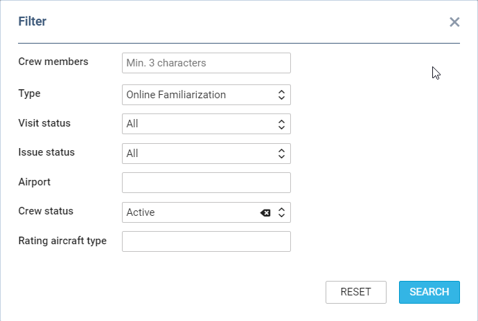 AIRPORT RECENCY & FAMILIARIZATION - the filter options