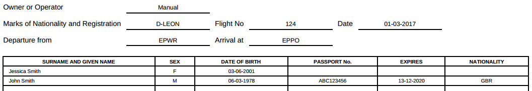 Pax Manifest document