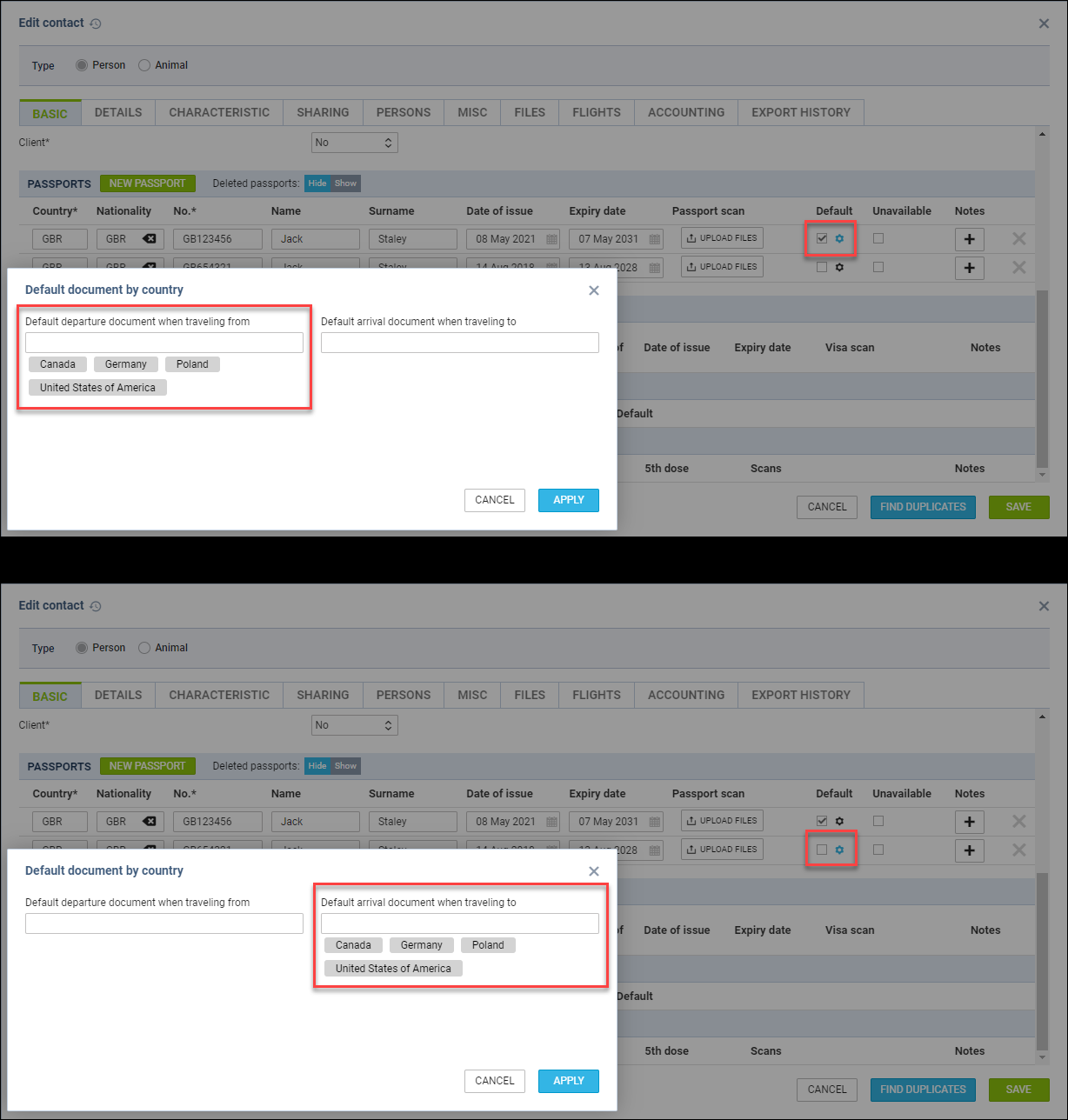 Assigning countries to default travel documents