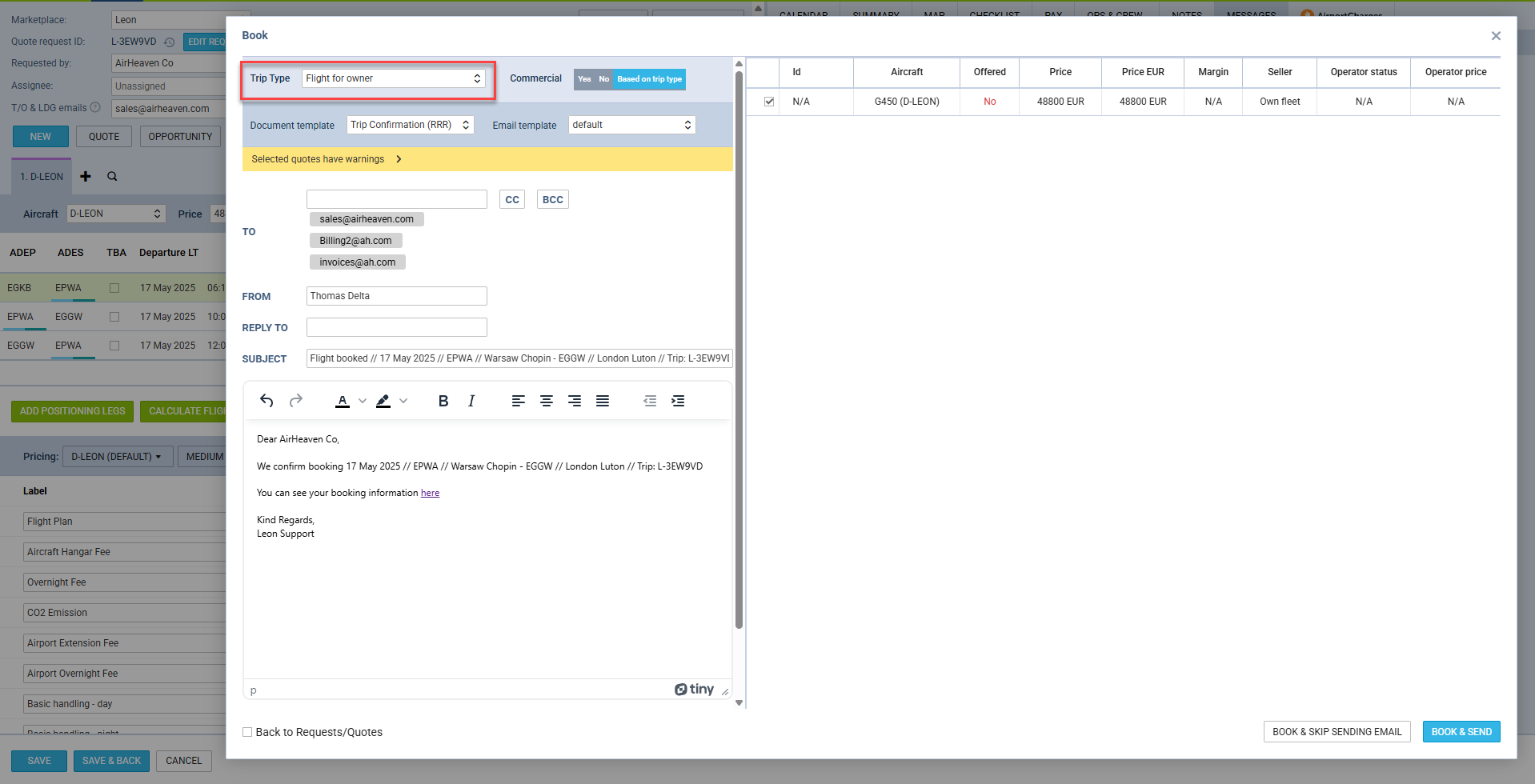 Example 2 of trip type based on the Sales module configuration