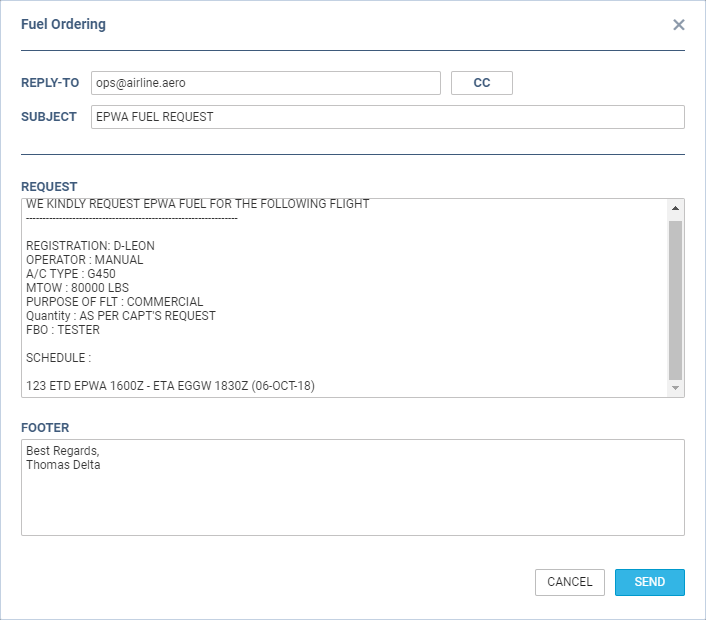 Fuel request email window