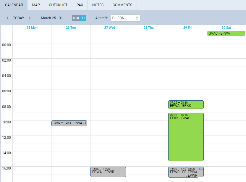 The view on quotation flights in Calendar