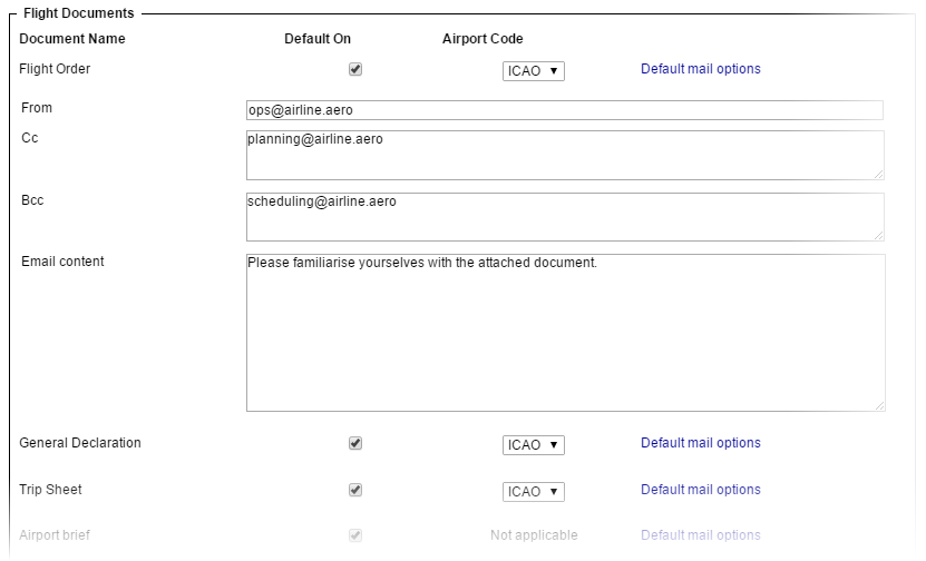 Default mail options