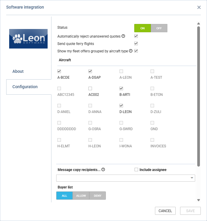 'Leon Marketplace configuration panel