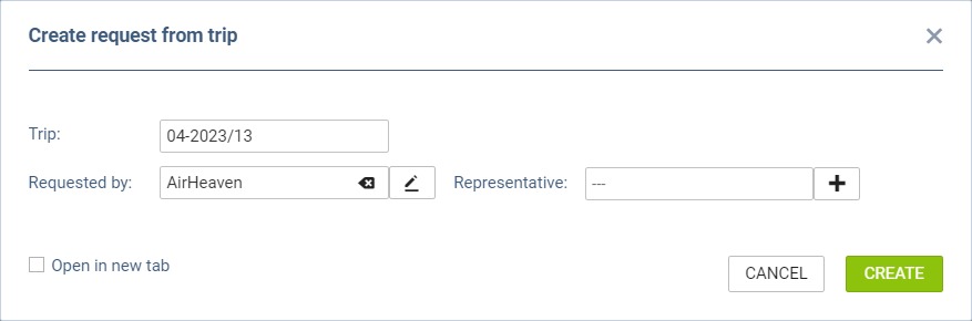 'Create request from trip' window