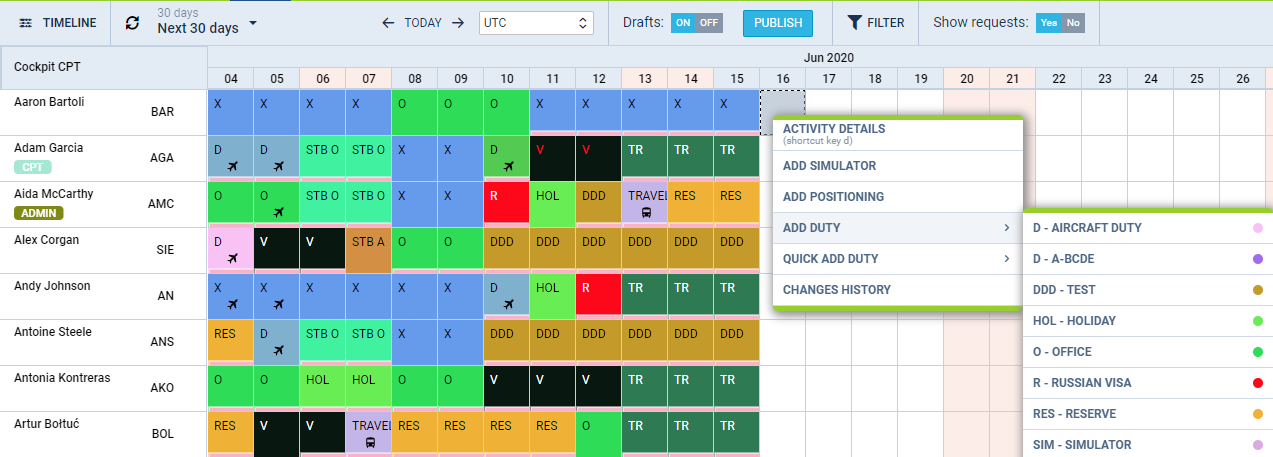 Crew Calendar - general view