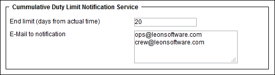Cummulative Duty Notification - Setup screen